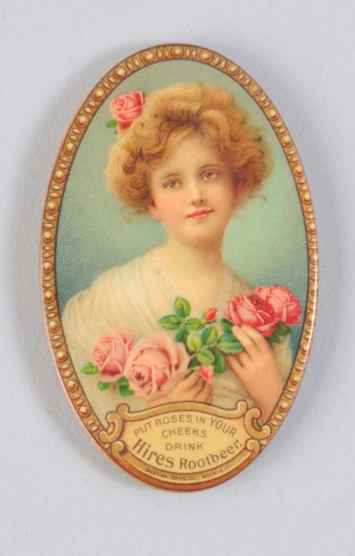 Hires Root Beer Pocket Mirror.: This early pocket mirror has just a slight overall wear and one tiny crack to the celluloid. Minor wear to the mirror surface. Condition (Very Good Plus). Size 3" L.