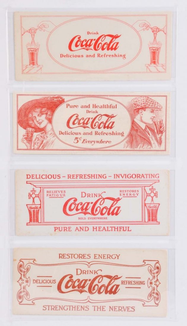Lot of Early Coca - Cola Blotters.: This lot includes: two blotters from 1906, one from 1912, and one from 1913. The 906 blotter does have a few small stains and the 1913 blotter has some corner bumping, and a few small stains. Conditio