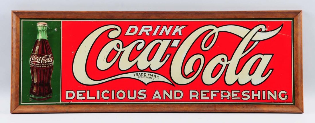Coca-Cola "Delicious and Refreshing" Sign.: Single sided tin sign with 1916 bottle logo, rated 7.5. Has good color and shine, has wear in field, has nail near bottle and tail of Cola, dated 1926. Condition (Excellent). Size 13" x 36"