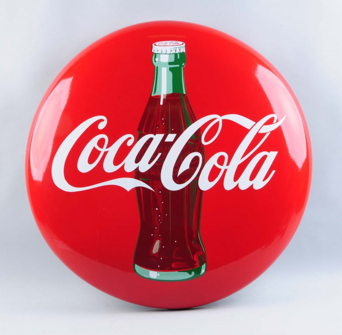 1950s Coca-Cola Porcelain Button.: Wonderful example and nearly perfect on the face with only small chips at two mounting holes. Condition (Near Mint). Size 36" Dia.
