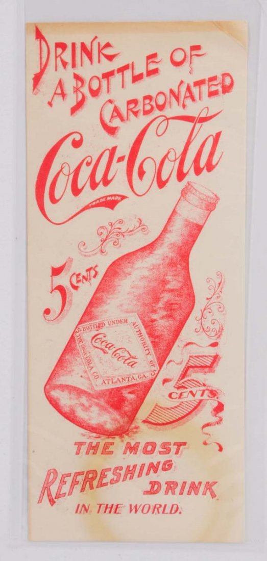 1904 Very Rare Coca - Cola Ink Blotter.: Note the unusual bottle shape. Red ink on white, with small upper corner bends, top stain, and ring stain at bottom. Condition (Excelent). Size 9 - 1/2" L.