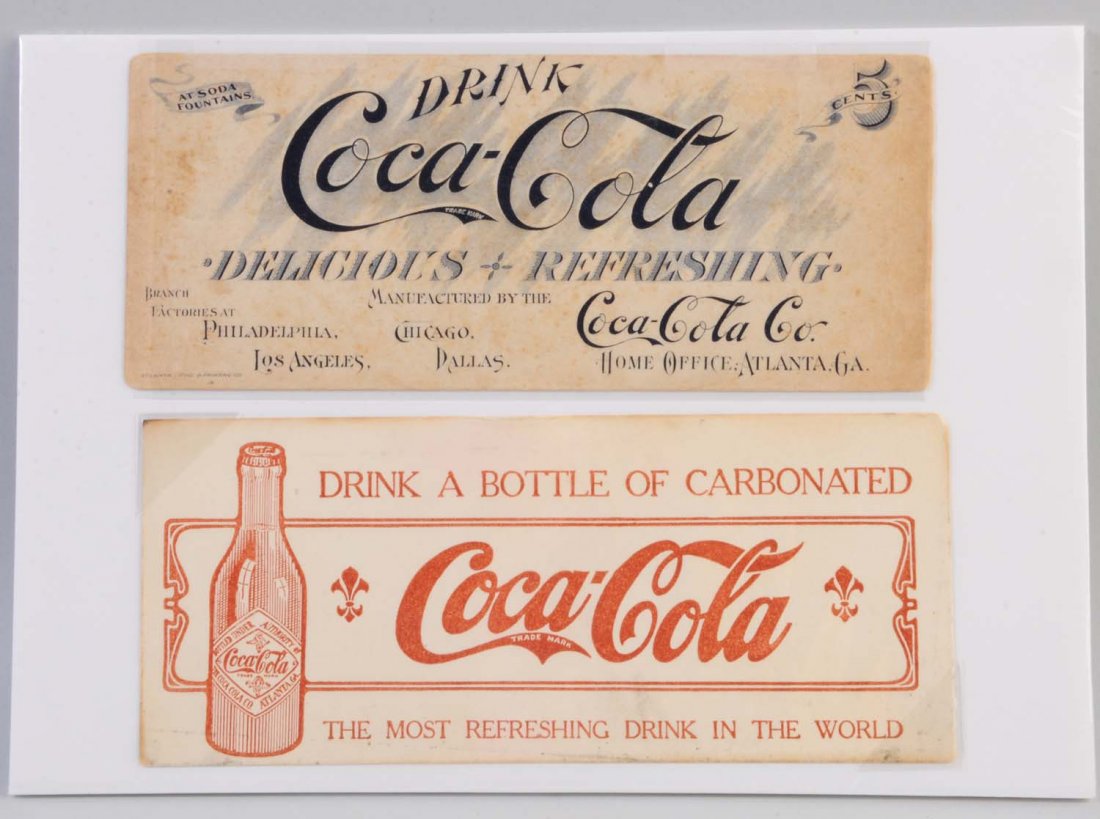 Lot of 2: Coca - Cola Ink Blotters.: The 1904 is marked Atlanta Litho & Printing Co. and has medium wear and staining. The 1905 is bright, with light edge staining and soiling. Condition (Very Good - Excellent). Size Each: 9 - 1/4" L.