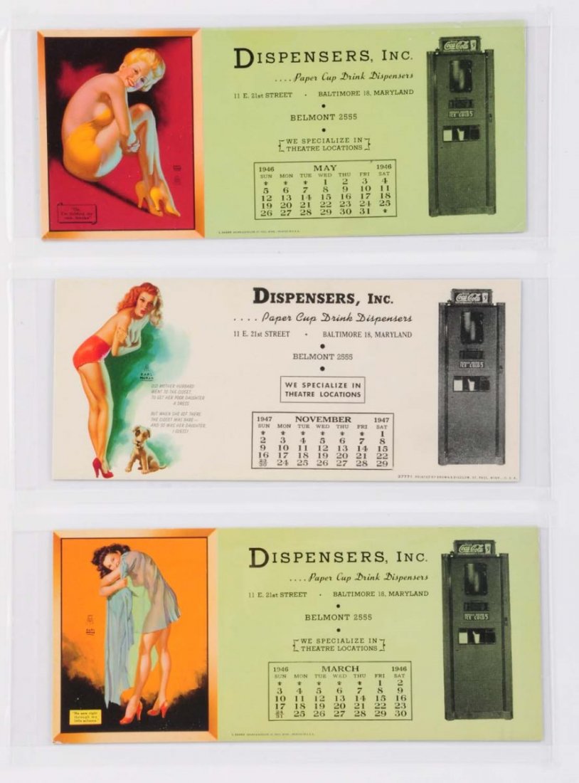 Lot of 3: Blotters Showing Vending Machines.: These three blotters are from the 1940s. Each picture is a Coca-Cola vending machine and a pin-up girl. Only one has minor corner bumping. Condition (Excellent). Size Each: 9" L.