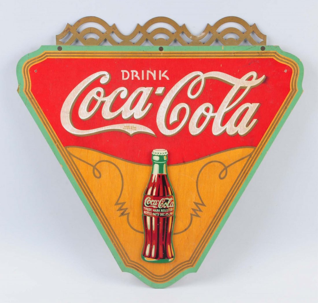 1930s Coca - Cola Plywood/Metal Triangle Sign.: Made by Kay Displays and shows well despite crazing and slight darkening. Elsewhere, only mild scratching, soiling, delamination of a minor nature. Condition (Very Good). Size 19 - 1/4" L.