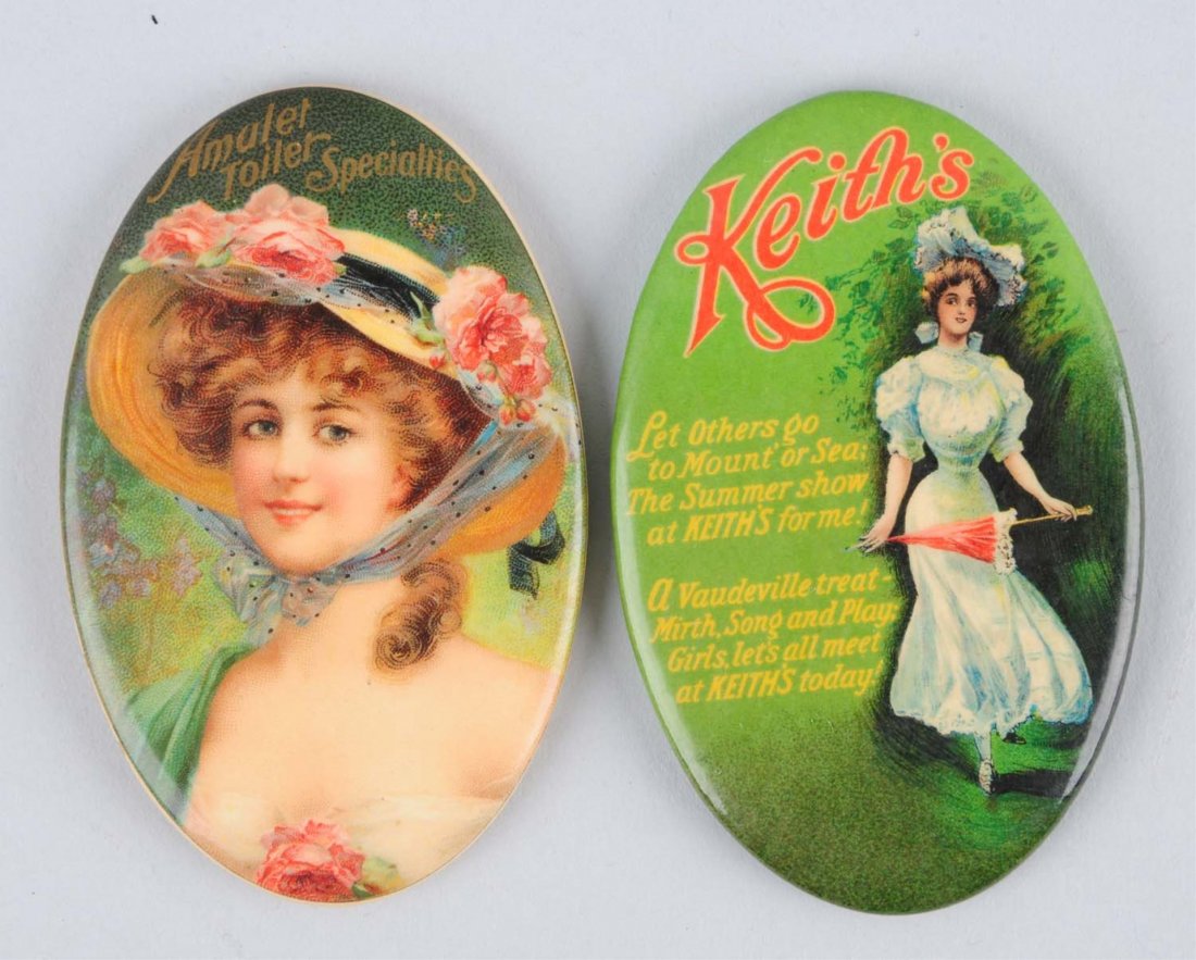 Lot of 2: Advertising Pocket Mirrors.: One mirror is advertising Keith's Vaudeville Treat and the other advertises Amulet Toilet Specialties. Both mirrors are in great condition with no wear to the celluloid surface. Just a few little scra