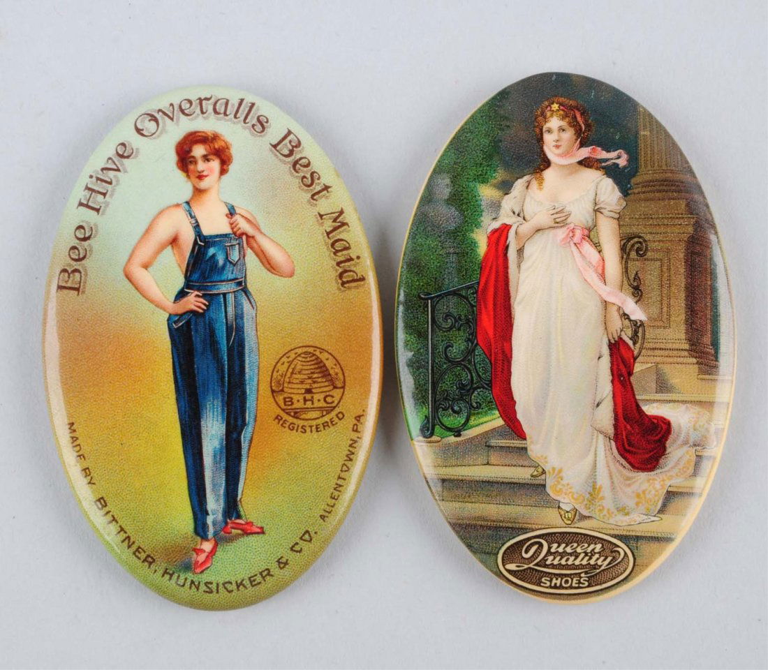 Lot of 2: Advertising Pocket Mirrors.: One is advertising Beehive Overalls and the other advertising Queen Quality Shoes. Both mirrors are in very clean condition. The Beehive mirror has a couple small areas of discoloring around the rim a