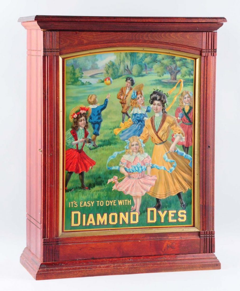 Governess Diamond Dyes Cabinet.: Clean, bright and beautiful tin panel with just a few very small marks or scratches only! Condition (Excellent - Near Mint). Size 29 - 1/2" T.