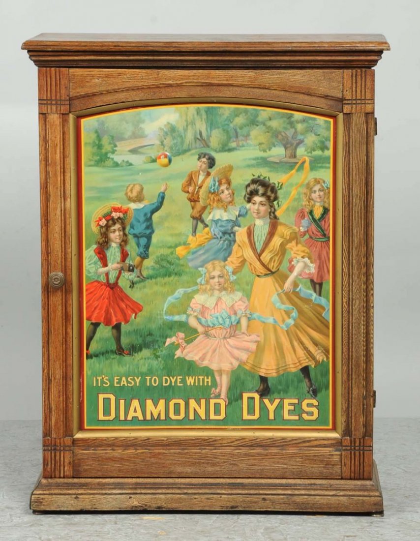 1906 Governess Diamond Dye Cabinet.: Cabinet with embossed Governess tin litho insert. Cabinet has original hinged front door and divided compartment interior; the back is solid back, Copyright US & Canada, Wells & Richardson Co. 1906 Co