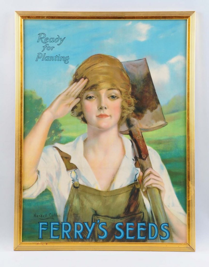 1920s Ferry's Seeds Paper Poster.: Art by Haskell Coffin. Powerful graphics and strong color. Two horizontal fold lines and nearly no wear! Condition (Near Mint). Size 22" x 29 - 1/2".