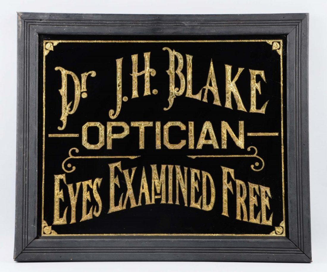 Dr. J.H. Blake Optician Framed Poster.: Framed, reverse painted & gold leaf letters, "Eyes Examined Free" rated 9+. In great condition. Size 23" x 27"
