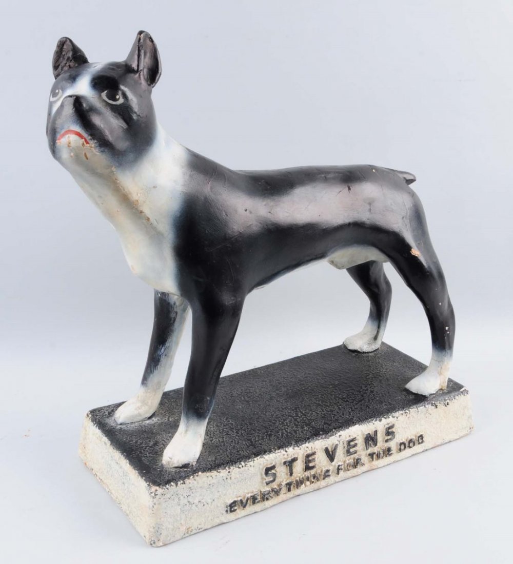Stevens Dog Supply Papier Mache Figure.: This Boston Terrier figure advertises Stevens Dog Supply. Few minor chips and cracking, especially around the feet. Still a great looking dog display. Condition (Very Good). Size 17 - 1/2" L.