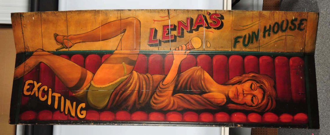 Very Unique Side Show Display Sign.: Reads "Lenas Exciting Fun House". Great detail and subject matter. Condition (Excellent Plus). Size 99" L.