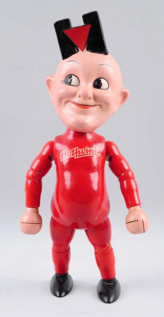 Hotpoint Jointed Wooden & Composition Figure.: Mild face crazing with a few small retouched spots, light color nicks/wear otherwise. Condition (Excellent). Size 15" L.