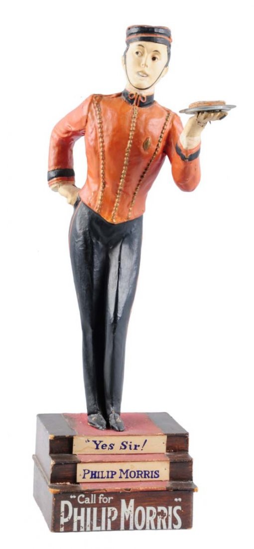 Philip Morris Papier Mache Display Figure.: This rare figure has some corner bumping to the base and an area of loss behind the left shoulder. A few minor chips here and there. Still a great example of this very hard to find piece. Condition (V