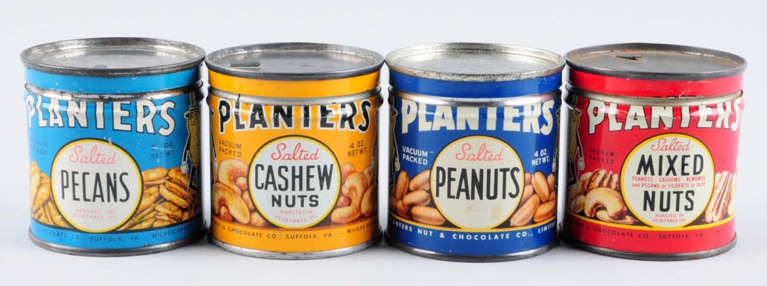 Lot of 4: Planter's Peanut Sample Tins.: These four tins have only very minor overall wear. Condition (Excellent Plus). Size Each : 3" L.