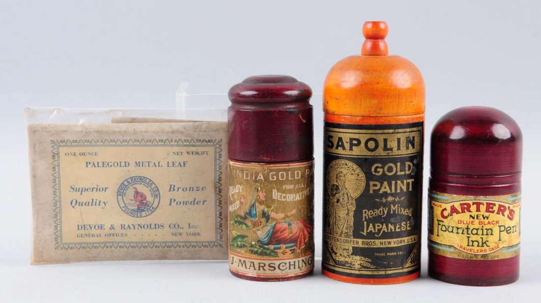 Lot of 4: Unusual Packaging of Vintage Gold.: Colorful labeling on wood crafted exterior containers with original bottles enclosed for paint and ink for J. Marsching and Co. (gold paint), and Carter's (ink), Sapolin (gold paint), and container on
