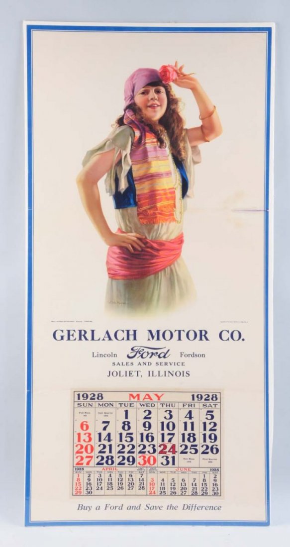 1928 Ford Motors Advertising Calendar.: This calendar has a wonderful image of a gypsy girl. Partial pad. Some discoloring at horizontal crease. This large calendar displays powerfully and has artwork by Zula Kenyon. Condition (Very Good Pl