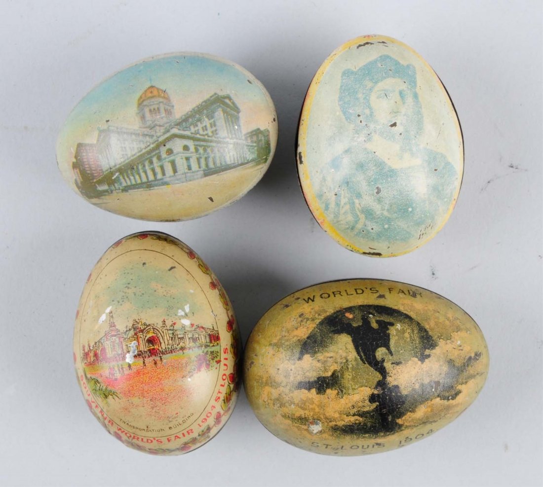 Lot of 4: World's Fair Egg Tins.: Rare. World's Fair gum/candy egg tins made by American Can Bo. 1893 Chicago: Columbus SS, and Chicago Post Offices (contains small fold-out with picture of Chicago buildings). 1904 St Louis: Transport