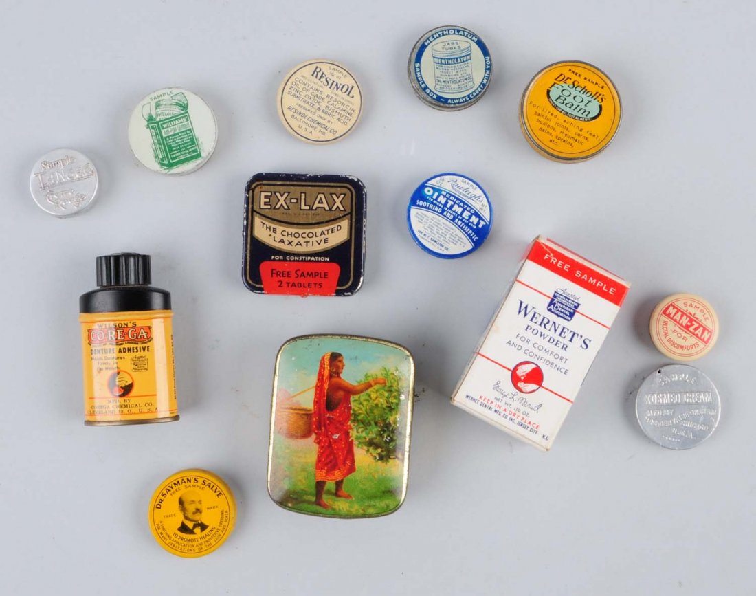 Lot of 13: Large Assortment of Sample Tins.: Very large assortment of medicinal sample tins: Wernet's Powder (tin in original box), Ram-Lal's Indian Tea, Ex-Lax, Co-Re-Ga Denture Adhesive, Dr. Sholl's Balm, Dr. Sayman's Salve, Man-Zan, Resinol O