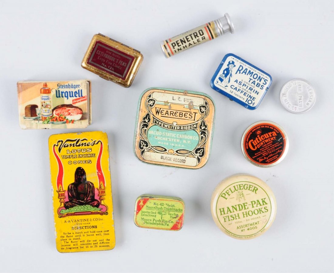 Lot of 10: Small Tins.: Assortment of small tins: Vanline's Lotus Temple Incense Cones, Steinhager Urquell (celluloid match box holder), Wearebest Typeribbon, Pflueger Handle - Pak Fish Hooks, Cuticura Ointment, Persian Nail
