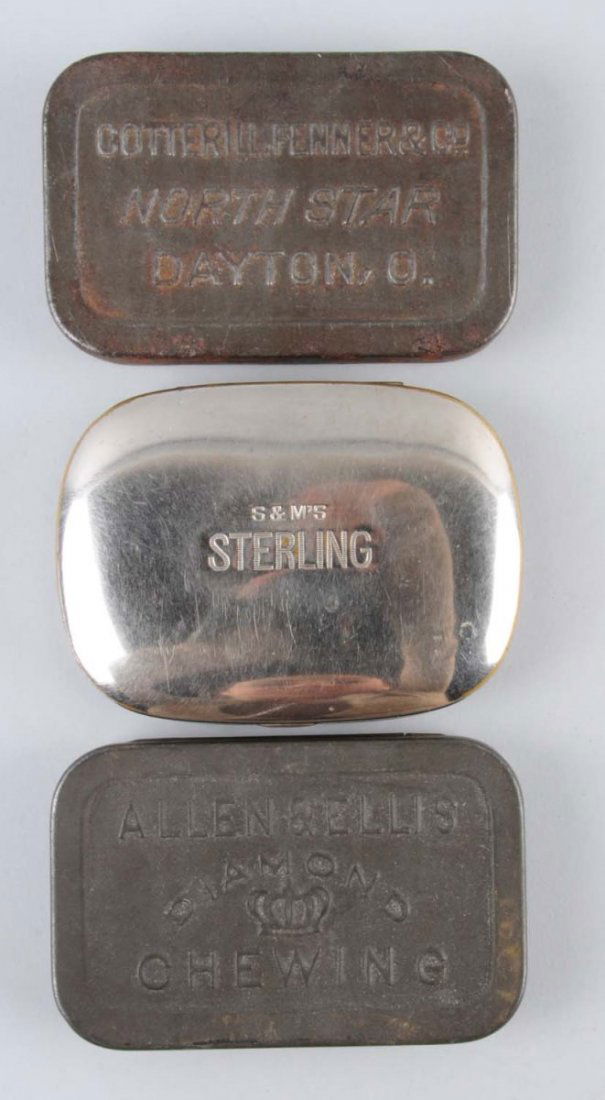 Lot of 3: Flat Pocket Tobacco Tins.: Pre- 1900 early metal embossed/etched chewing/ smoking tobacco tins. Allen and Ellis Diamond, Cotterill, Fenner and Co's North Star and S&M's Sterling. Condition (Very Good). Size Largest: 3 - 1/2" L.