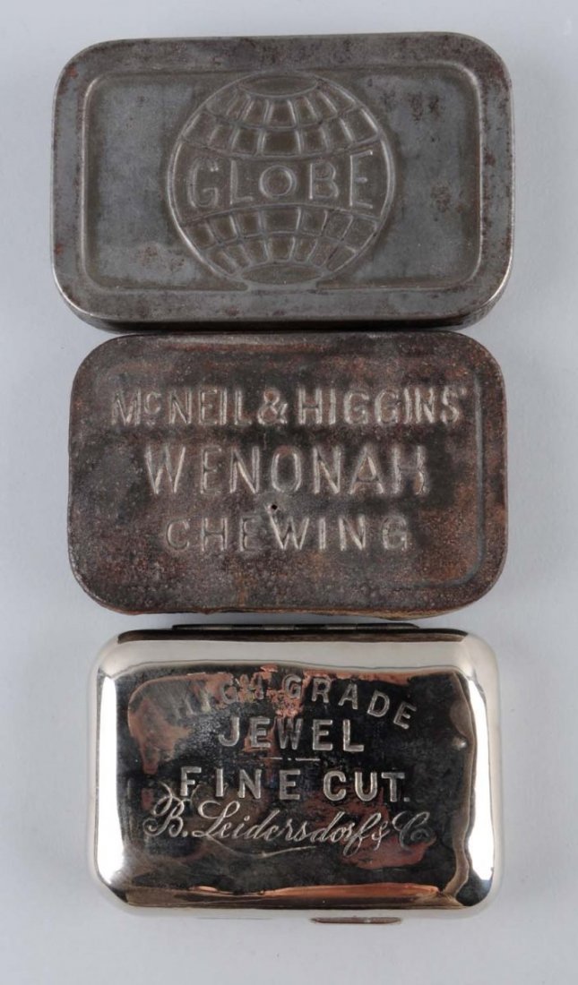 Lot of 3: Tobacco Tins.: Globe, Mcneil and Higgins Wenonah and Leidersdorf and Co. Jewel Find Cut. Condition (Good - Excellent Plus). Size Largest: 3 - 1/2" L.