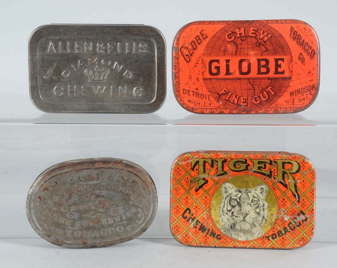 Lot of 4: Flat Pocket Tobacco Tins.: Two sided Globe Fine Cut and Tiger Chewing Tobacco, and two early metal Allen & Ellis Diamond Chewing and Century Fine Cut Tobacco tins. Condition (Very Good - Excellent). Size Largest: 3 - 1/2" L.
