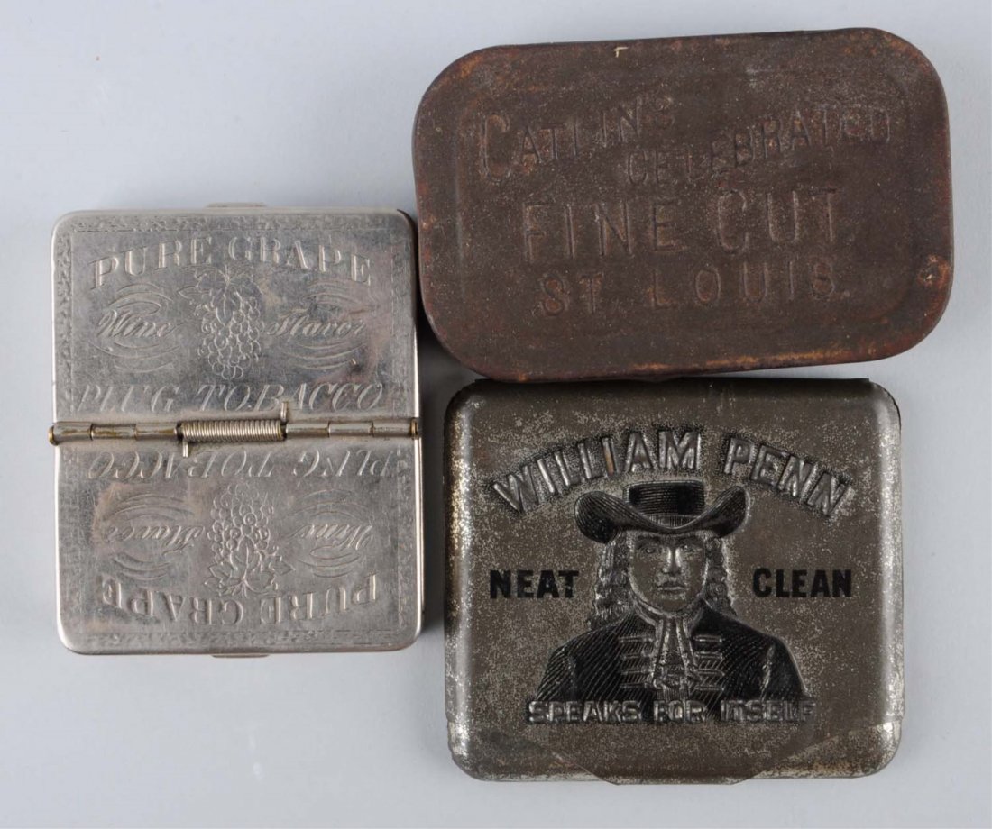 Lot of 3: Flat Pocket Tobacco Tins.: Pre- 1900 early metal embossed/etched chewing/ smoking tobacco tins. William Penn, Pure Grape Wine Flavor spring - hinged and Catlin's Celebrated. Condition (Very Good - Excellent). Size Largest: 3 - 