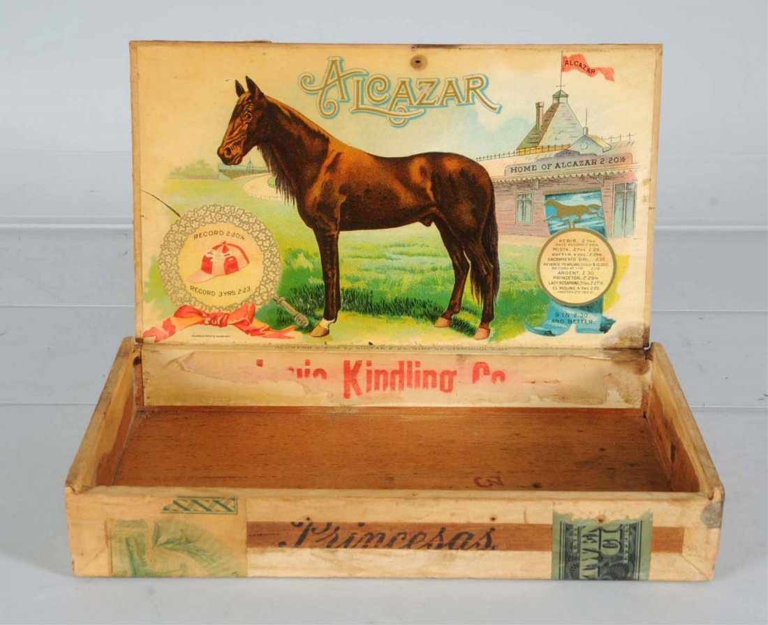 Alcazar Cigar Box.: Unusual cigar box has inner and end labels and tax and commemorative stamp. Condition (Excellent). Size 8 - 1/4" L.