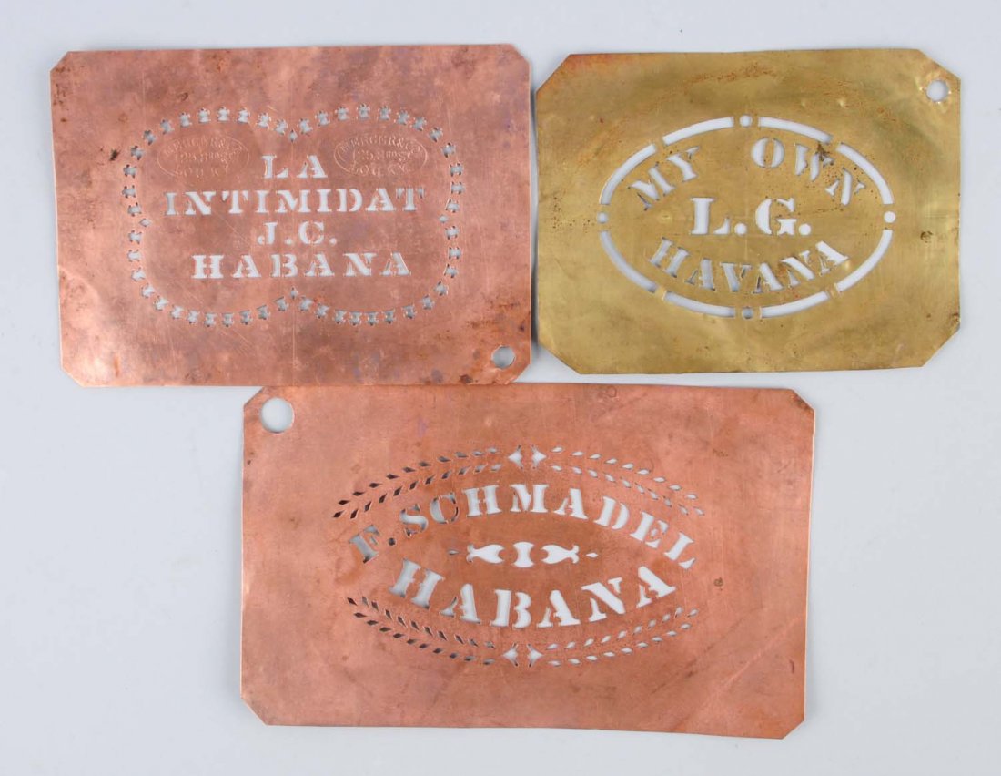 Lot of 3: Copper & Brass Cigar Crate Stencils.: Historical, museum quality cigar crate stencils form 1880-1900 for My OWN L.G. Havana, F. Schmadel Habana and La Intimidat J.C. Habana, embossed stamp for Mercer and Co. 125 3rd St. Lou. KY. Condition