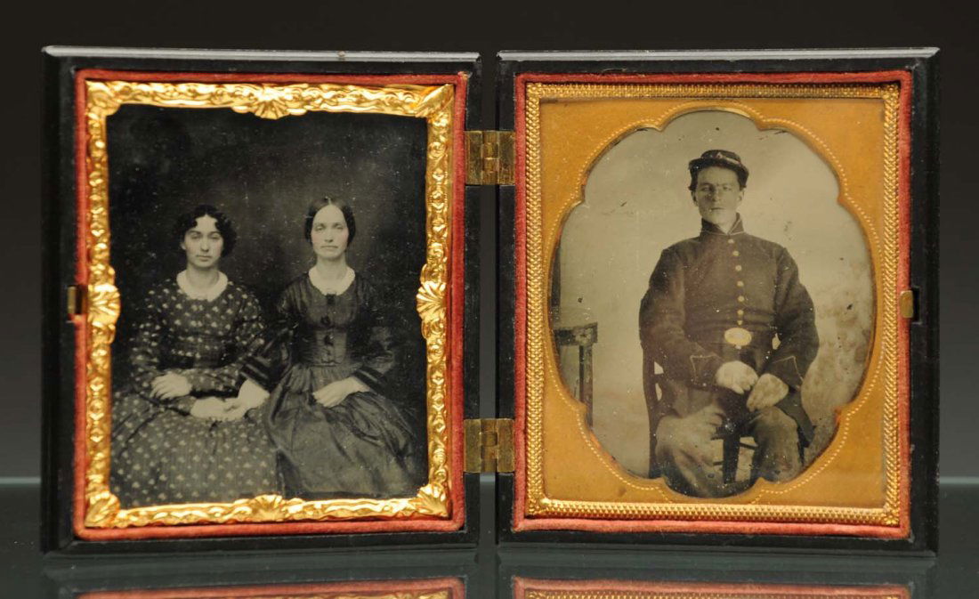 Two Tin Type Portraits.: One of two ladies and one of civil war soldier. Each image 1/6th plate 2 - 5/8" x 3 - 1/4" in a thermoplastic case of boy in sail boat. Condition (Excellent). Size 3 - 3/4" L.