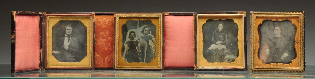 Lot of 4: Daguerreotypes in Leather Cases.: All are 1/6 plate. Lot includes a clear image of a young man with his hand in his vest; a clear image of sisters holding hands in a separated case; a clear image of a young woman in a separated case; 