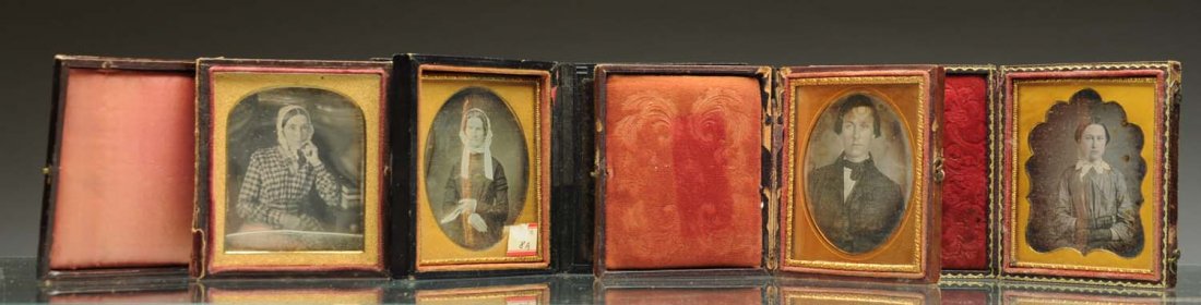 Lot of 4: Daguerreotype 1/6th Plates.: Lot includes: Daguerreotype's all in leather cases with clear images; of a young man, Lady with bonnet, young woman with gloves, older lady with hand to chin. This one has a separated case. Condition 