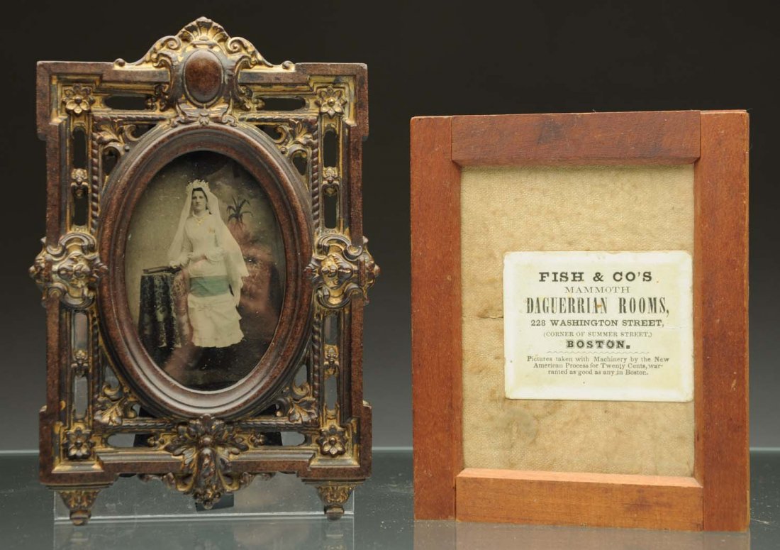 Thermoplastic Frame with Tin Type of Bride.: 1/4 plate. Gold colored jewelry. Ornate frame. Plus framed advertisement for Fish & Co. Daguerrian Rooms for Picture Taking Condition (Excellent). Size 6" L.