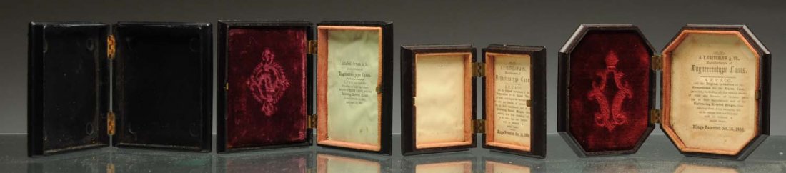 Lot of 4: Thermosplastic Cases.: Lot include: 1/9 plate. Geometric; dates 1856, 1/6th plate, octagon; dates 1856, 1/6 plate, HABANA; small chip near closure, 1/6 plate geometric. Condition (Near Mint). Size Largest: 3 - 1/2" L.