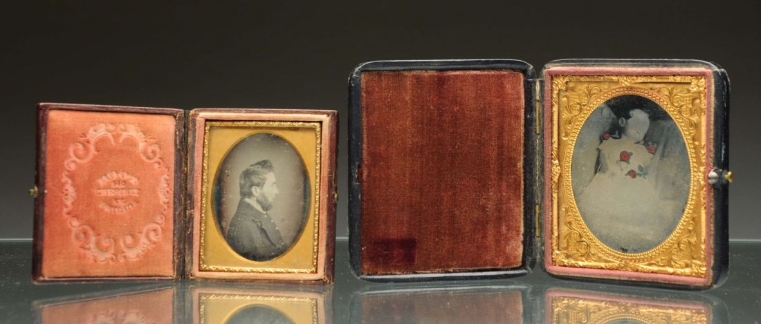 Lot of 2: Ambrotype & Daguerreotype.: Lot includes: a daguerreotype of a side view of a man by Boot, 1/9 plate, in leather case, nice image; and a ambrotype of a deceased young girl, 1/6 plate, in leather case. Condition (Excellent). Size