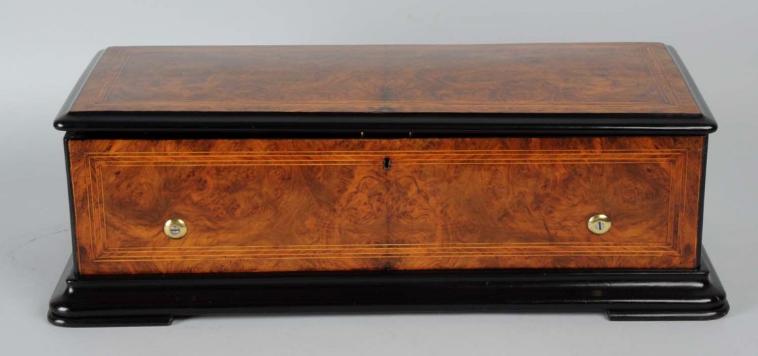 Bremond Cylinder Music Box SN-18361: Circa 1875. From the collection of Rita Ford Music Boxes, this antique music box was made by the renowned firm, "B.A. Bremond" of Geneva, Switzerland. The rare "Mandoline-Harp-Piccolo" arrangement is 