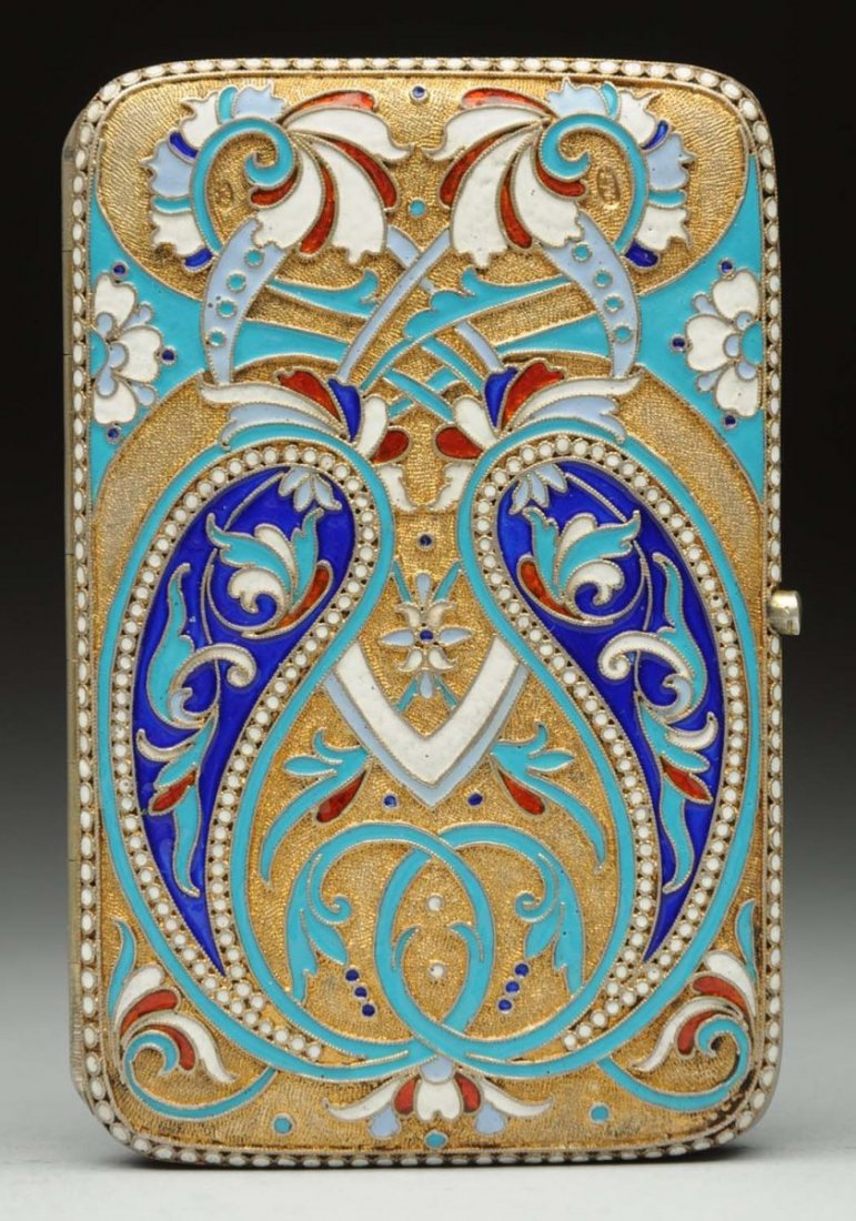 Russian Cloisonne Enamel Cigarette Case.: Silversmith: Iscebdkin. Moscow 1896 - 1908. Hallmarks are on the top and bottom of the case. Weight: 5.7oz. Condition (Excellent). Size 4" L.