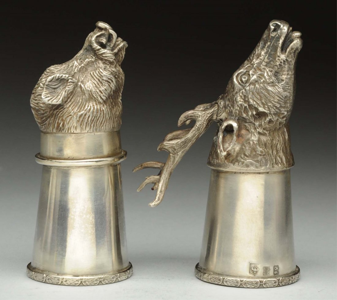 Lot of 2: Russian Animal Head Vodka Cup.: Lot includes: a Russian figural silver boar head vodka stirrup cup. Silversmith: A.K 1867 Kamenetz Podolsk (Ukraine). 84 silver. Weight: 3.6 oz. And an Imperial Russian silver figural 10 point buck vo