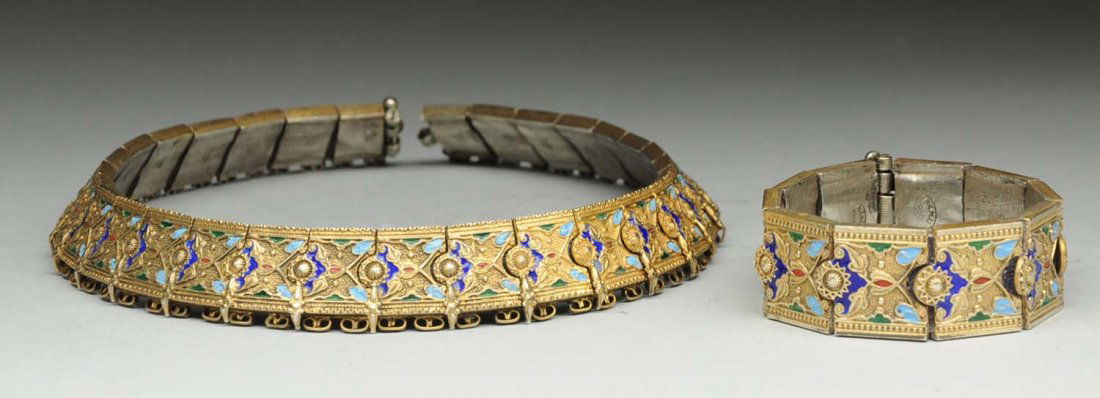 Lot of 2: Cloisonne Bracelet & Necklace.: Lot includes: a Russian cloisonne and silver bracelet marked 84 NU silversmith. Weight: 2.6oz. and a Russian cloisonne and .900 silver necklace beautifully done. Circa 1920s. Weight: 5.4 oz. Condition