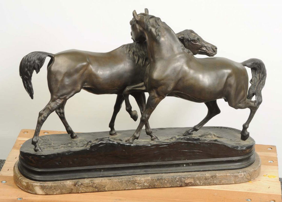 Large Bronze Statue of 2 Horses.: Signed "P.J. Mene" and on a marble stand. Fantastic detail. Condition (Excellent). Size 26" L.