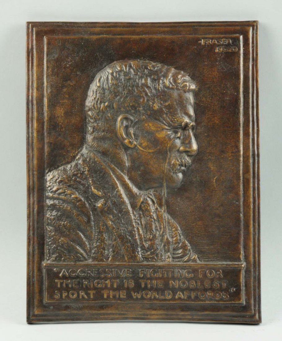President Theodore Roosevelt Bronze Plaque.: James Earle Fraser (1871-1941). This plaque depicts the president from a side view with his spectacles on, and dressed in a formal business suit. The plaque reads "Aggressive fighting fo the right is 