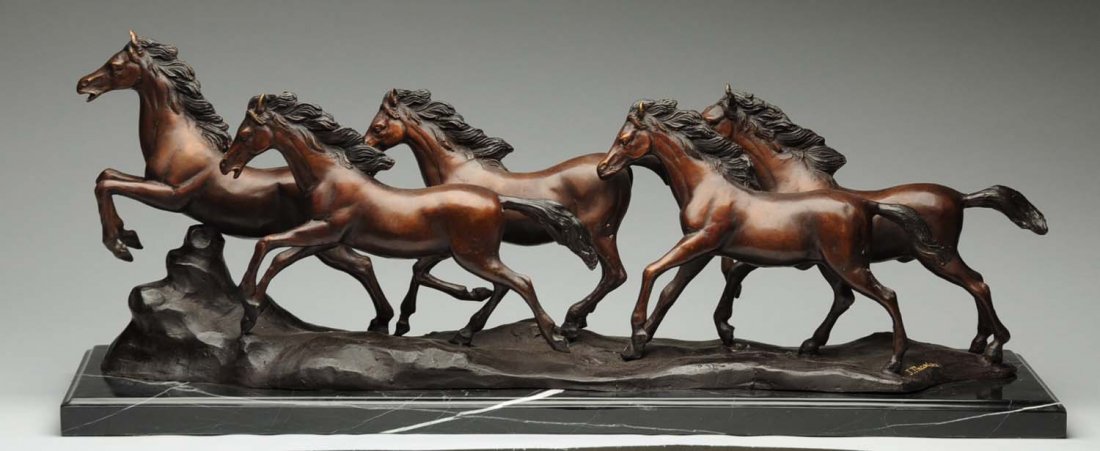 Bronze Sculpture of Five Running Mustangs.: Theodore (20th century). This statue depicts five wild horses running on the high plains with the leader ahead, followed by the other four horses. This long bronze sits on a custom fitted black rectan