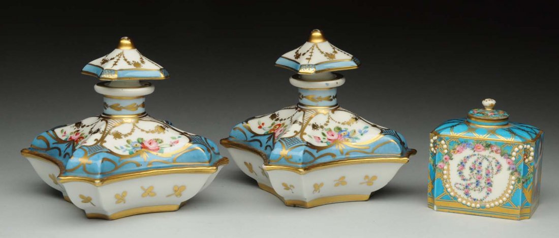 Lot of 3: Porcelain Pieces: Two similar perfume bottles, marked Made in France, Hand Painted Elbee. Lidded jar is hand painted with woman's face, marked Mp= de Polignac; several small beads missing. Condition Excellent Size Larg