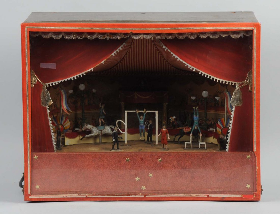 Circus Diorama in Glass Lighted Case.: Britain figures in circus mode. Nicely done. Condition (Very Good). Size 19" L.