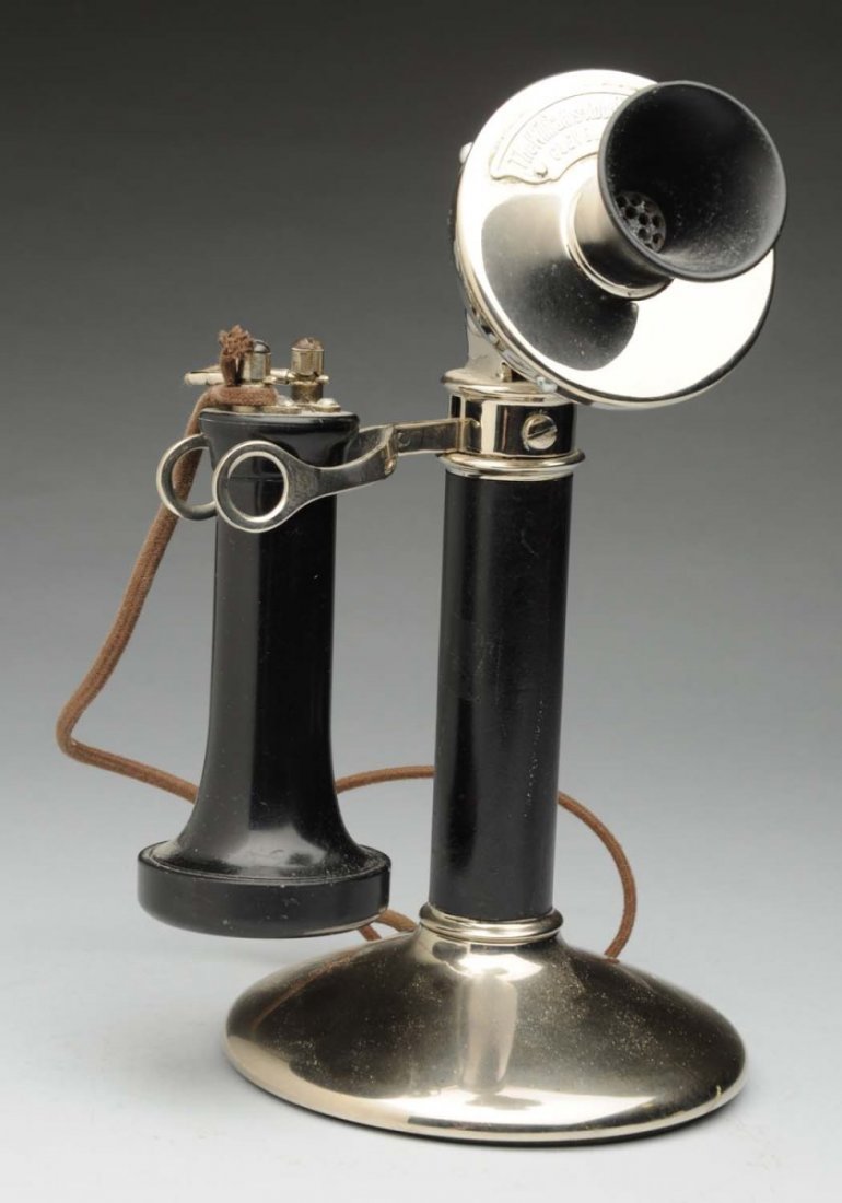 Williams - Abbott Pancake Candlestick Phone.: Black shaft, everything else is nickel. Outside terminal receiver. Condition (Excellent). Size 9" T.