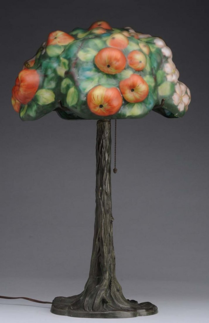 Pairpoint Apple Blossom on Tree Trunk Base.: Signed base, 12" shade stamped "Pairpoint Corp". Condition (Very Good - Excellent). Size 25" T.