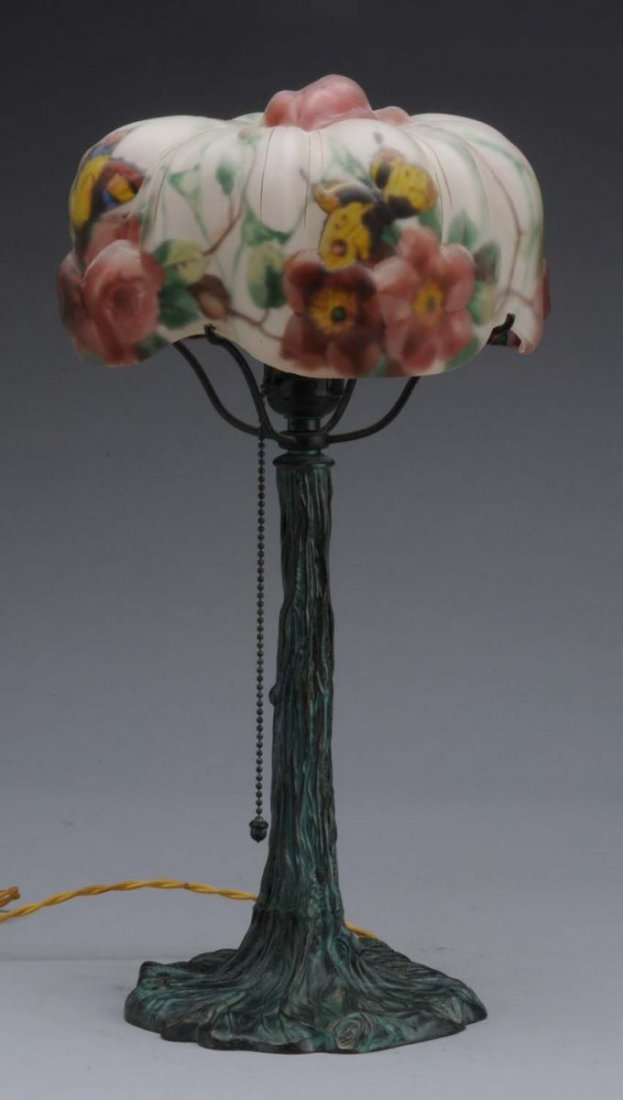 Papillon Boudoir Closed Top Shade with Base.: Base is signed, shad is stamped "Pairpoint Corp". Condition (Very Good - Excellent). Size 18" T. 14" Dia. shade.