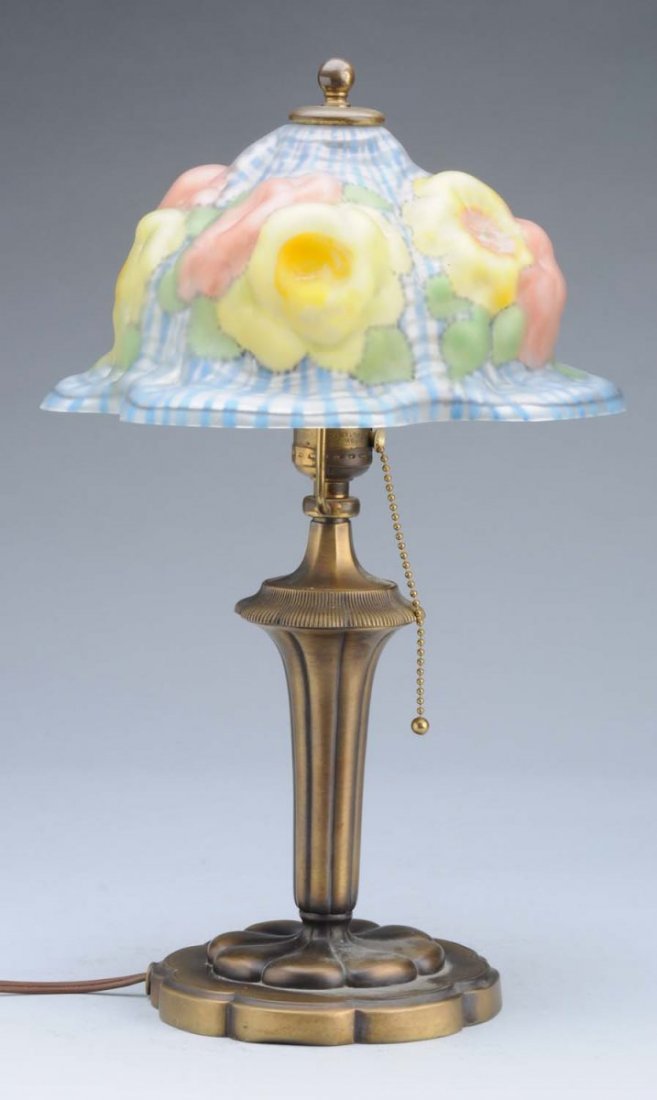 Pairpoint Puffy Rose Bonnet Shade on Base.: 8" shade. Signed Pairpoint base. Condition (Very Good Plus). Size 17" T.