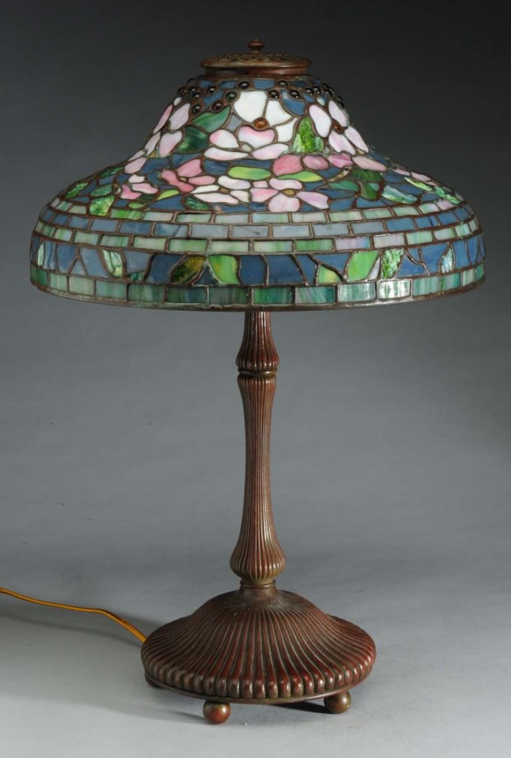 Reproduction Tiffany Lamp: Floral Pattern.: 1960's reproduction signed Tiffany Studios New York shade, no. 1578, with reproduction Tiffany base. Condition Excellent Size Shade 16" D.